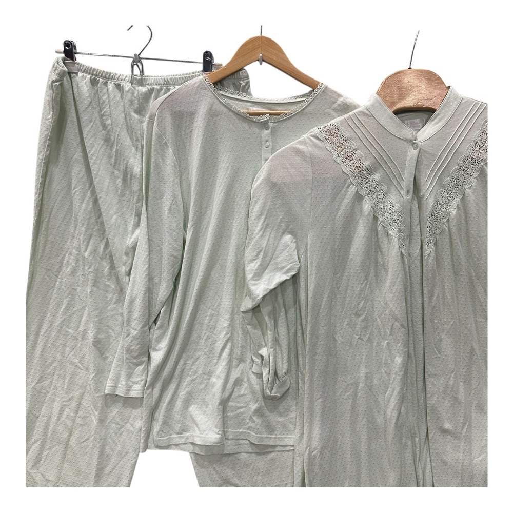 Vintage Go Softly 3pc XL Lounge Set Mint Green Swiss Dot Robe Top Pants Cottage